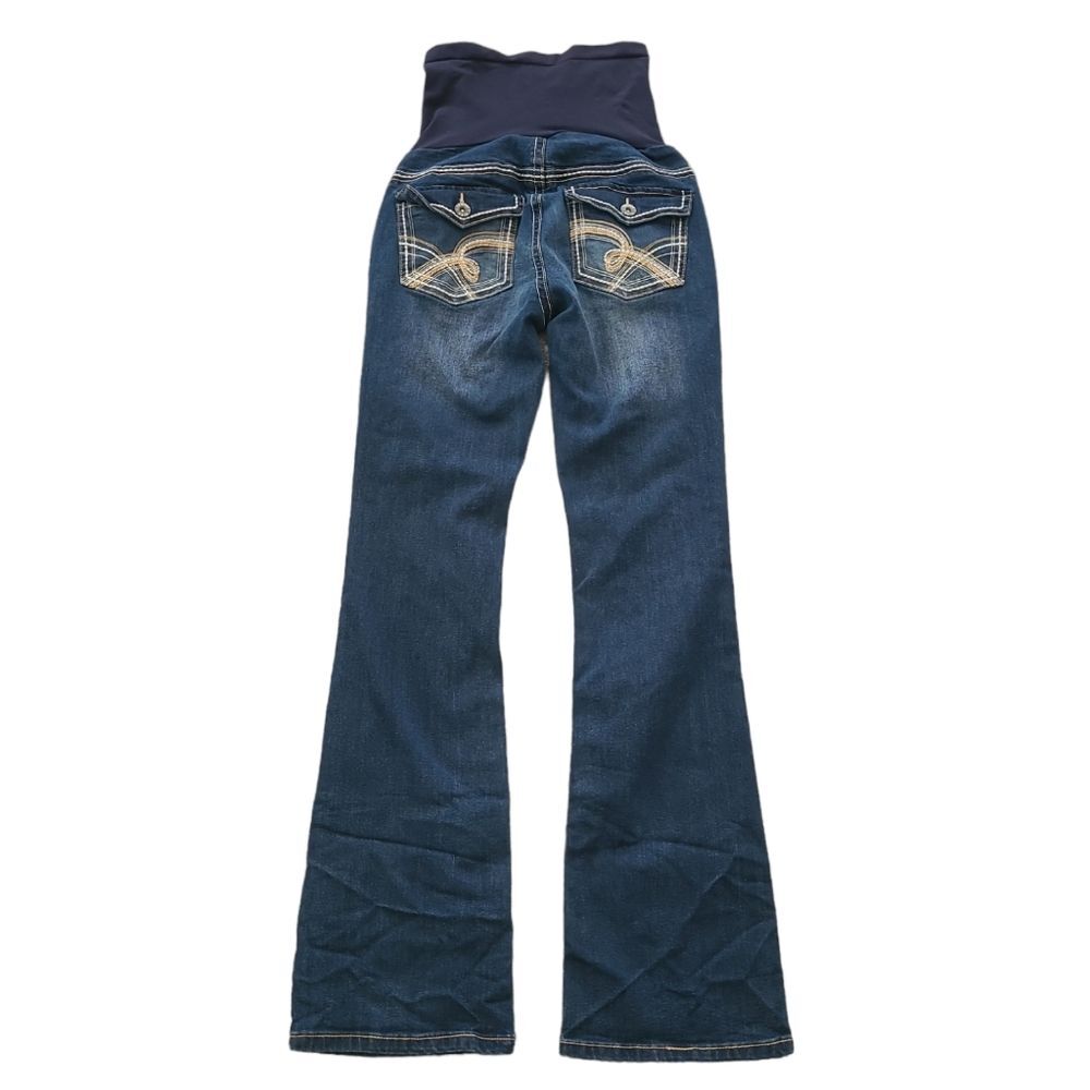 EUC Maturity Indigo Blue embroidery denim flare leg Jeans S/P, blue
